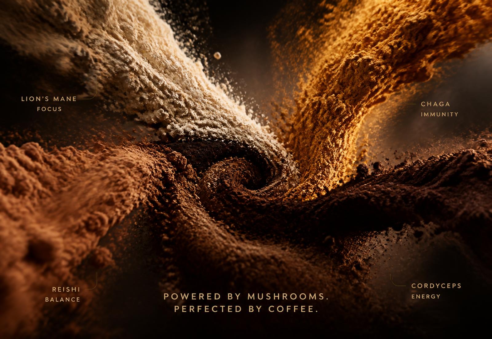 Streams of mushroom powders swirling into a unified Zippy coffee blend