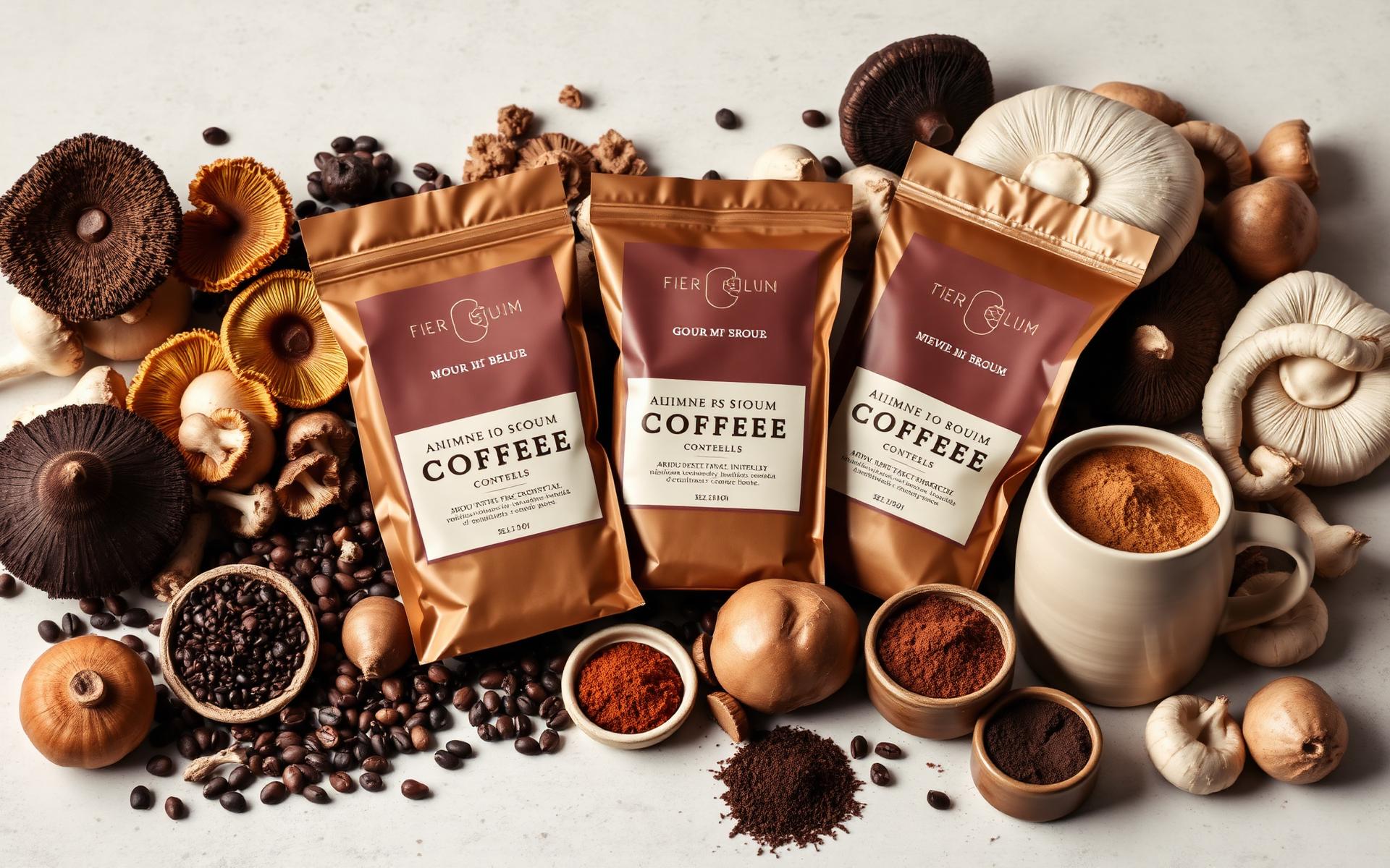 Three Zippy Mushroom coffee bags arranged with fresh mushrooms, coffee beans and powders