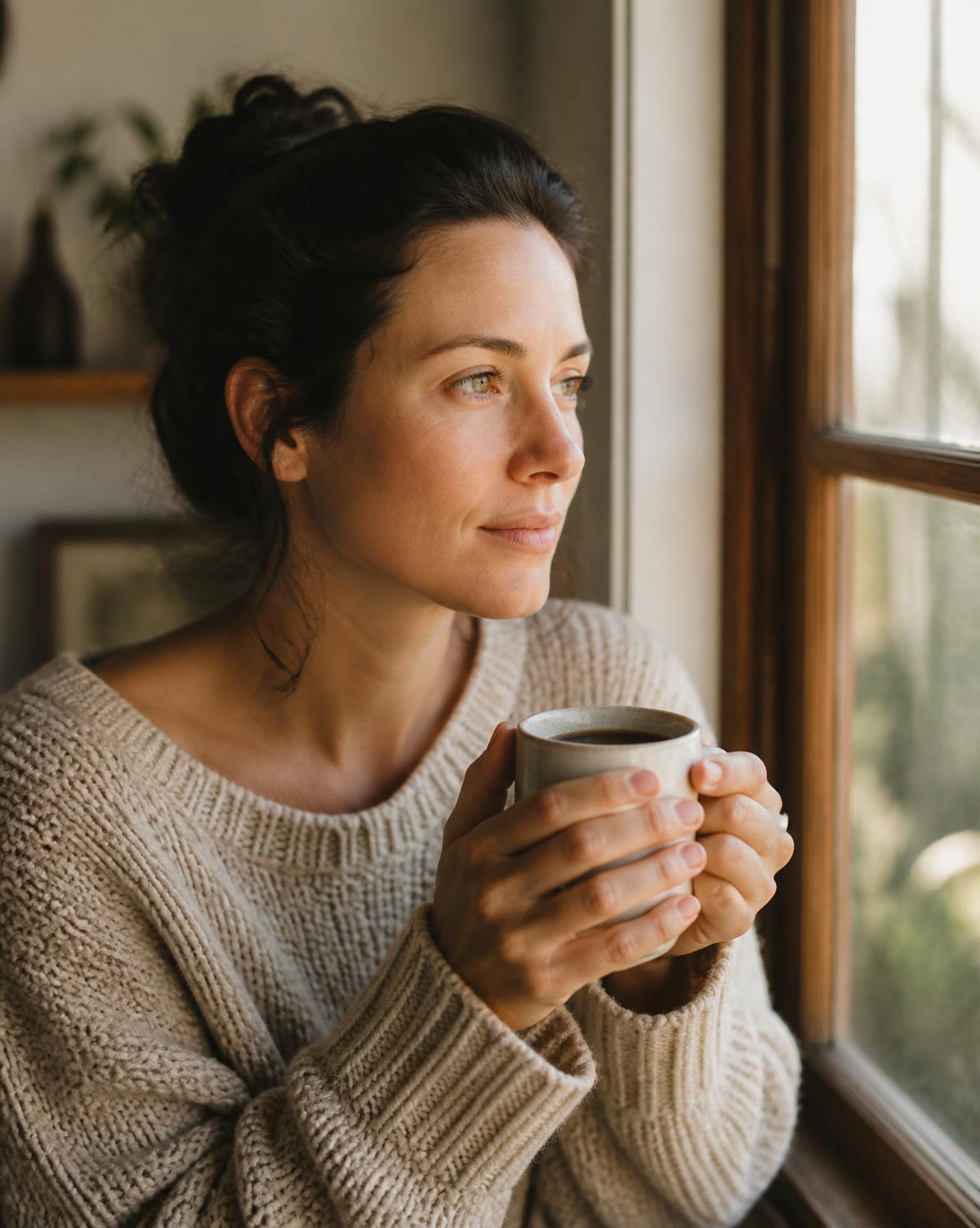 Woman holding a warm mug of Zippy Mushroom coffee by a sunlit window